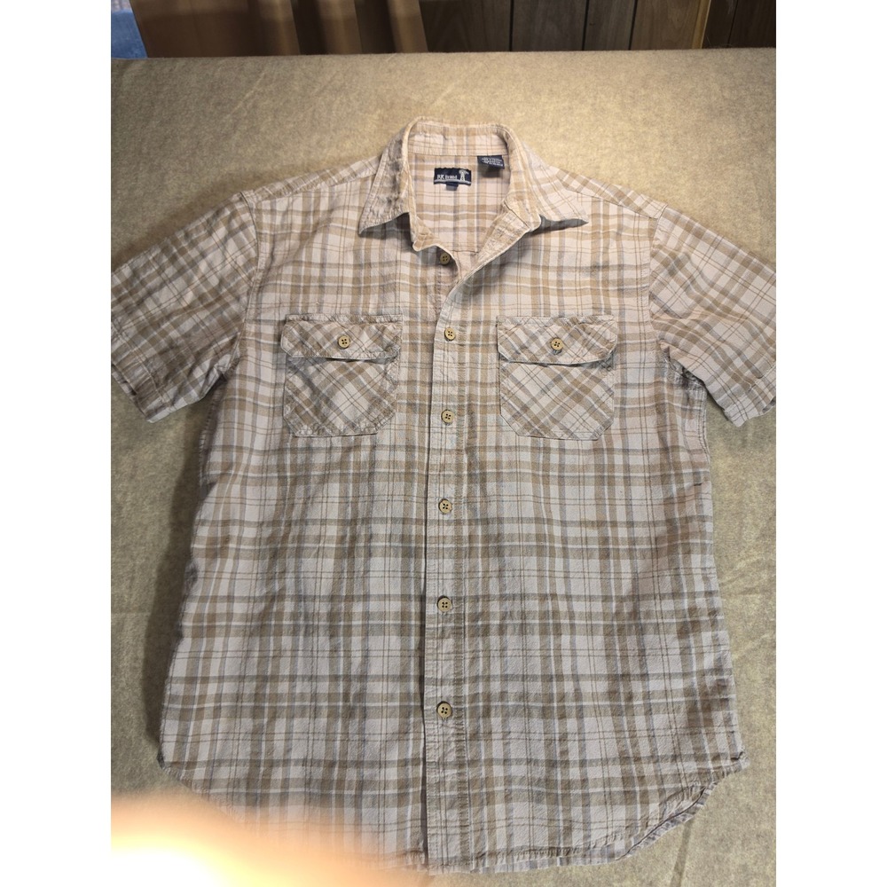RK Brand Mens Medium Plaid Short Sleeve Button Down Shirt Tan Grey Workwear